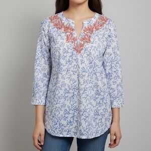 Talbots Blue White Coral Print Tunic Blouse Women’s M Coastal